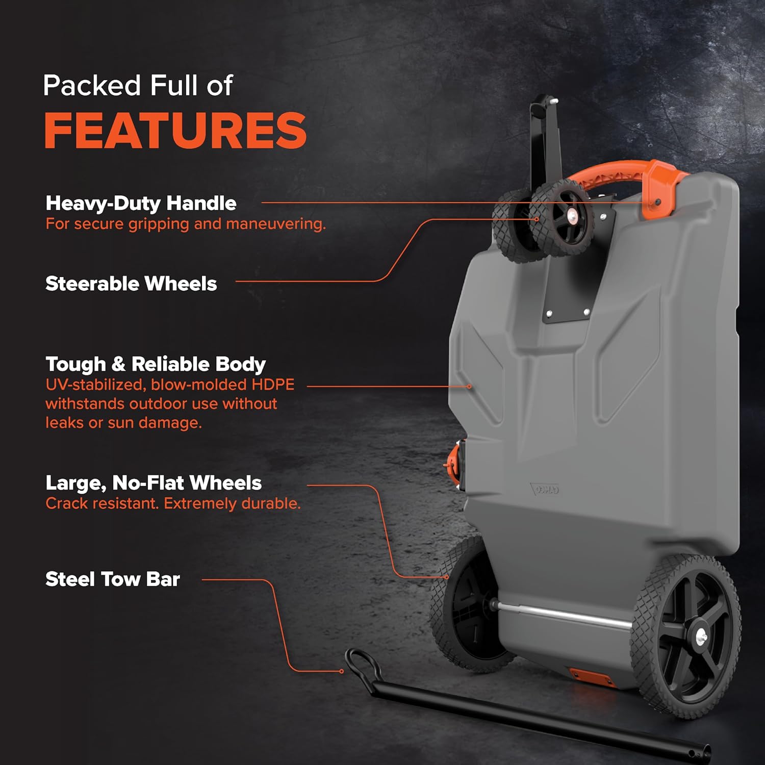 Draagbare camper-/campertank van 36 gallon - Met grote, robuuste wielen die lekvrij zijn en een ingebouwde afsluiter - Verwijderbare stalen trekadapter, 3-delige camper-rioolslang en meer camperaccessoires (39006)