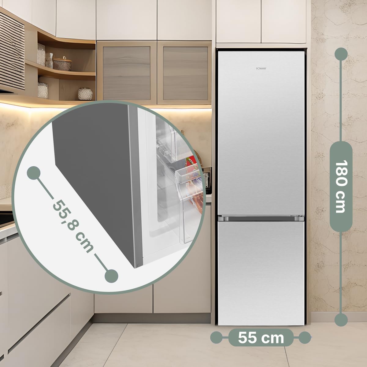 Bomann  Fridge-freezer, 269 l capacity - cooling: 198 L | freezing: 71 l, energy saving, quiet 39 dB, LED, interchangeable door stop, height: 180 x width: 55 x depth: 56 cm - KG 184.1 inox