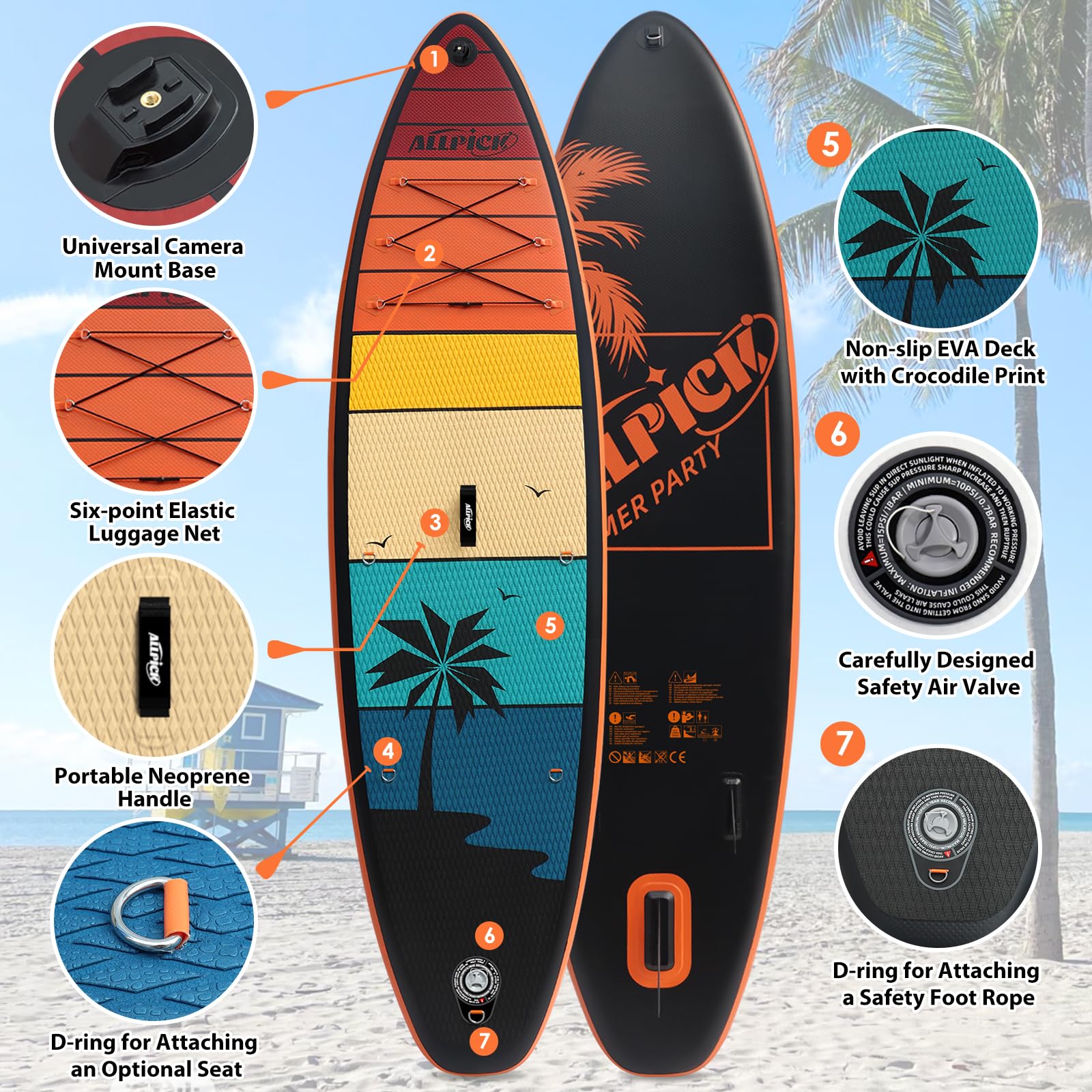 2025 Premium Set ALLPICK SUP Paddleboard, Opblaasbare Paddle Surfplank, met Universele Camerahouder, Complete Accessoires, Verstelbare Peddel, Beginners en Gevorderden, 150 kg/180 kg, Kleur Zonsondergang Oranje
