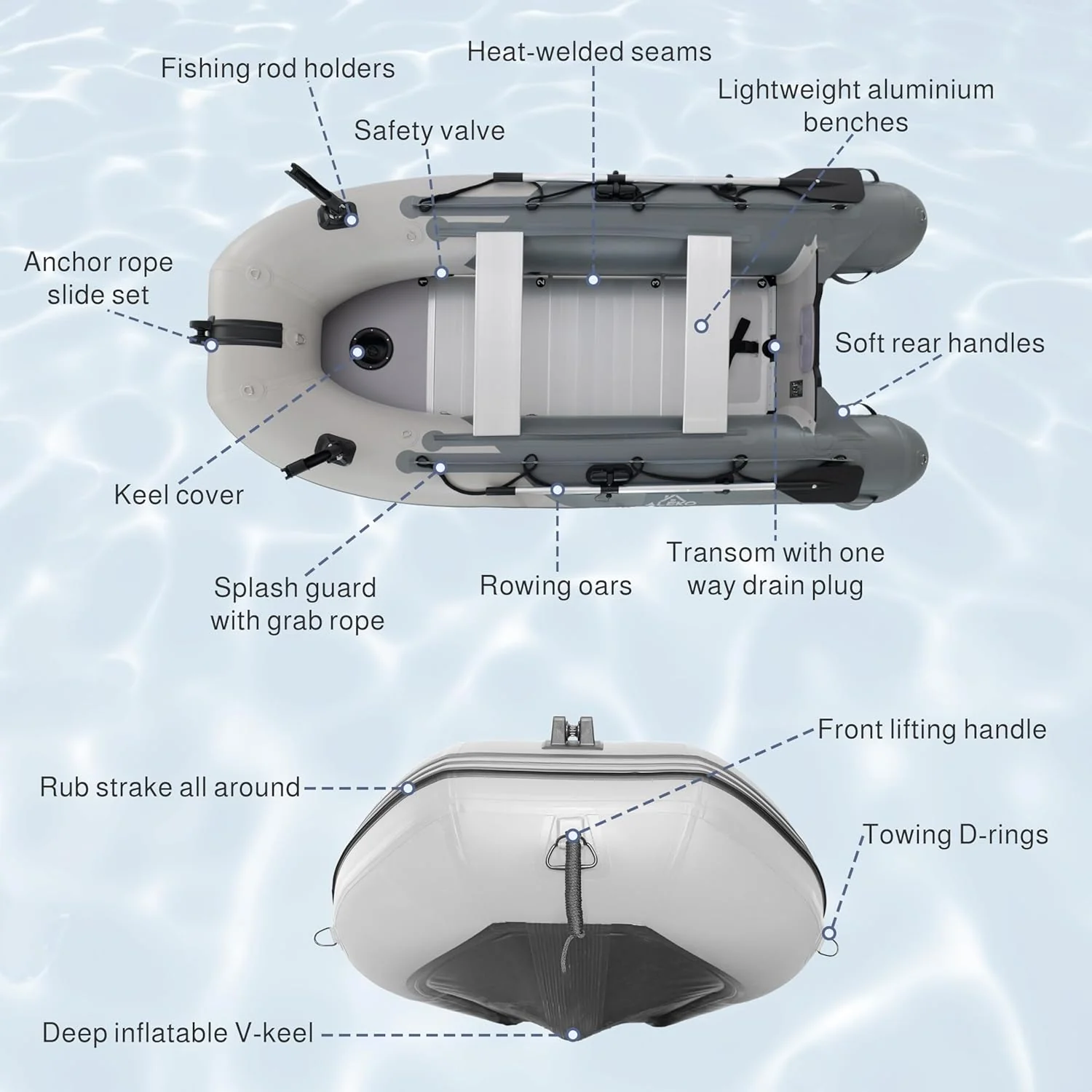 Opblaasbare boot | Jacht- en sloepboot | Visboot voor meerdere personen | Roeispanen met aluminium vloer | Hengelhouders | Robuust PVC | Model 2024 |