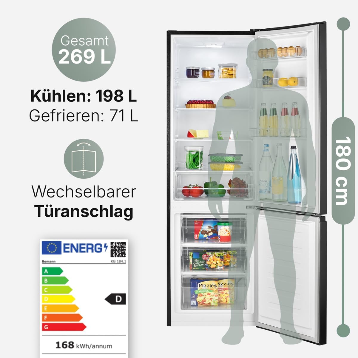 Bomann  Fridge-freezer, 269 l capacity - cooling: 198 L | freezing: 71 l, energy saving, quiet 39 dB, LED, interchangeable door stop, height: 180 x width: 55 x depth: 56 cm - KG 184.1 inox