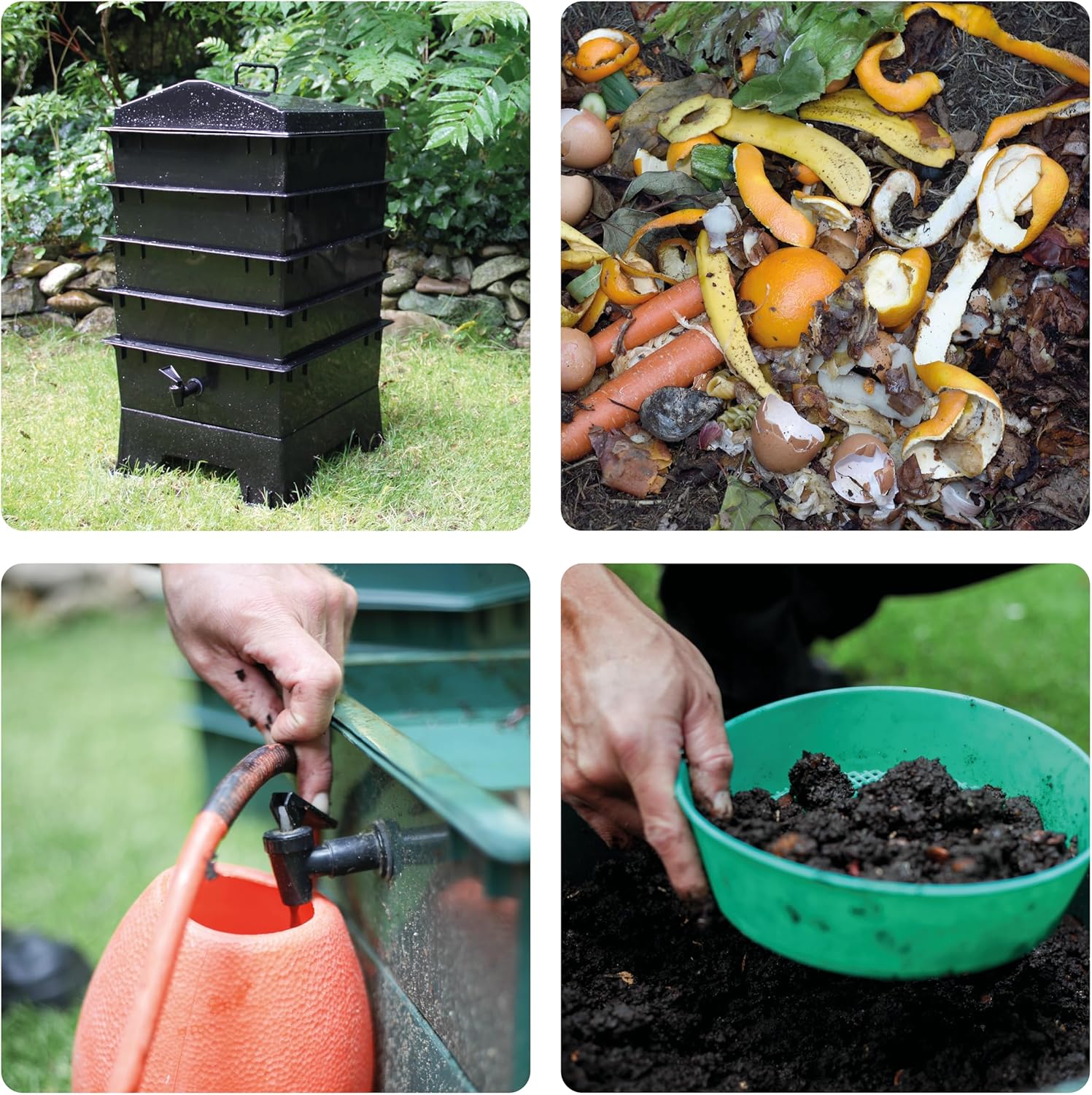 Billiebin Starter Set | Worm Hotel 64L - 4 Floors incl. Compost Worms Starting Substrate + Coconut Block + Accessories | Worm Farm - Worm Bowl (Green)