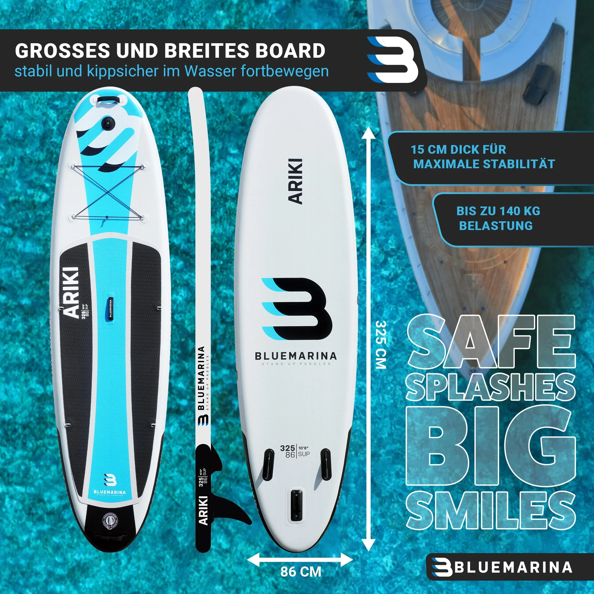 2025 Bluemarina Ariki Opblaasbare SUP Paddleboard | 5 JAAR GARANTIE �C Draagvermogen 140 kg �C Paddle Set �C SUP Board �C Surfboard (Ariki 325x86x15 cm)