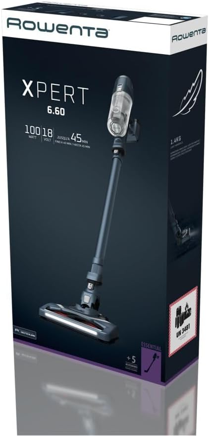 Rowenta X-pert 6.60 Essential RH6838, Cordless Stick Vacuum Cleaner, Automatic Speed Settings, Up to 45 Minutes Autonomy, Removable Battery, Lightweight Design, Dust Thief
