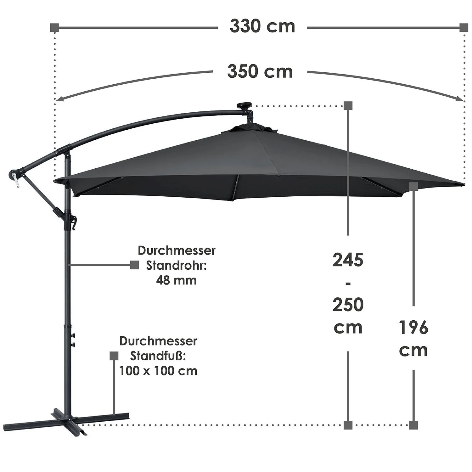2025 Hangparasol Brazil 3,5 m grijs-cr��me met standaard en handkurbel �C zonbescherming met LED-verlichting