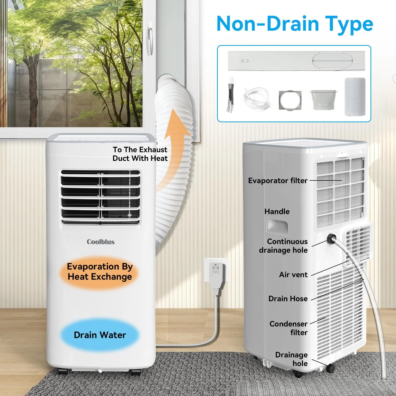 Coolblus 8500 BTU Draagbare Luchtconditioner voor Ruimtes tot 360 Vierkante Meter