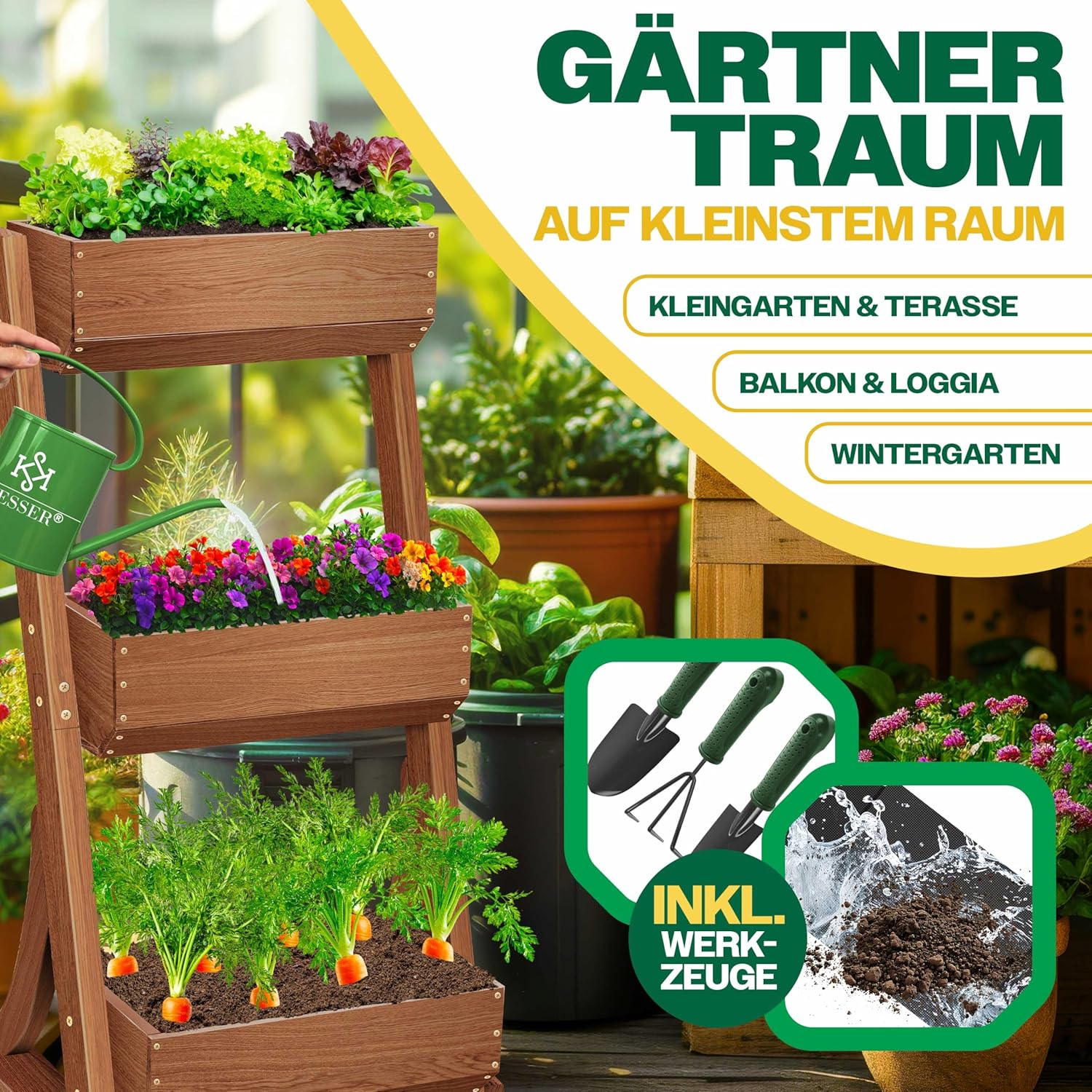 KESSER  Plant Staircase Herbs Flowers in Stair Shape Herb Garden Flower Boxes Including Root Cloth Bed for Plants for Patio, Balcony and Garden (5 Shelves, Brown)