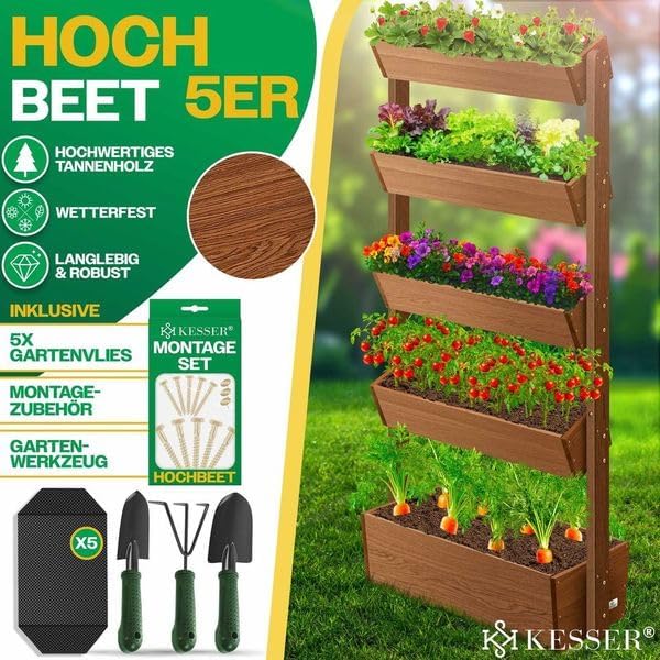 KESSER  Plant Staircase Herbs Flowers in Stair Shape Herb Garden Flower Boxes Including Root Cloth Bed for Plants for Patio, Balcony and Garden (5 Shelves, Brown)