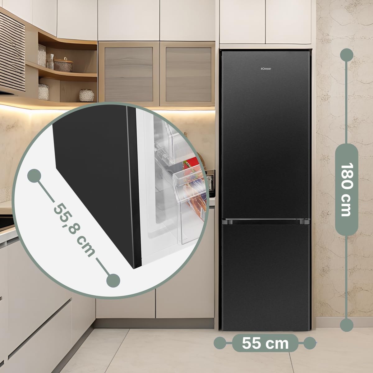 Bomann  Fridge-freezer, 269 l capacity - cooling: 198 L | freezing: 71 l, energy saving, quiet 39 dB, LED, interchangeable door stop, height: 180 x width: 55 x depth: 56 cm - KG 184.1 inox