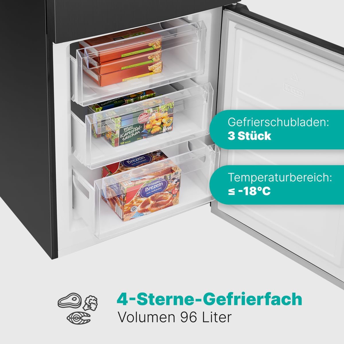 Bomann  Fridge-freezer, 269 l capacity - cooling: 198 L | freezing: 71 l, energy saving, quiet 39 dB, LED, interchangeable door stop, height: 180 x width: 55 x depth: 56 cm - KG 184.1 inox