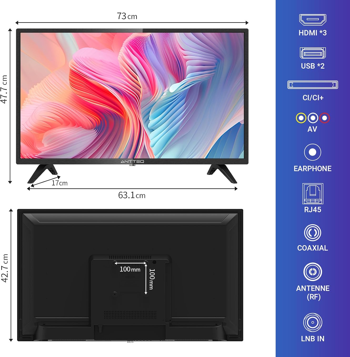 ANTTEQ AB42D1 TV 42 Inch (TV 106 cm), Dolby Audio, LED, HDMI, Media Player via USB, Digital Audio Output, Triple Tuner DVB-C/T2/S2, CI+, Hotel Mode Included
