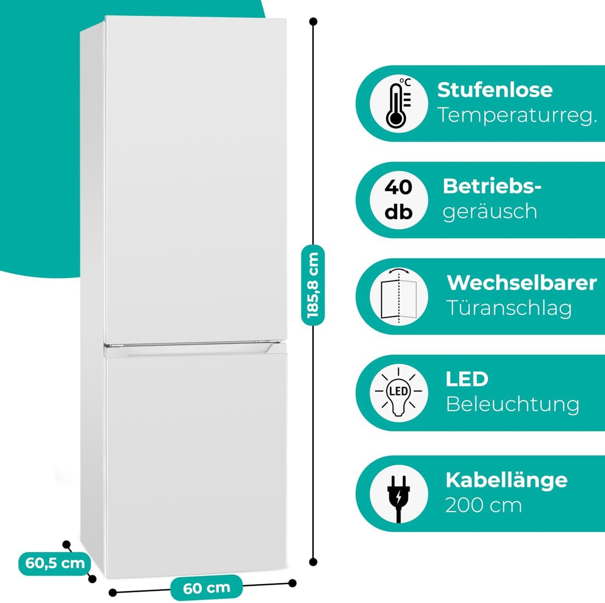 Bomann  Fridge-freezer, 269 l capacity - cooling: 198 L | freezing: 71 l, energy saving, quiet 39 dB, LED, interchangeable door stop, height: 180 x width: 55 x depth: 56 cm - KG 184.1 inox