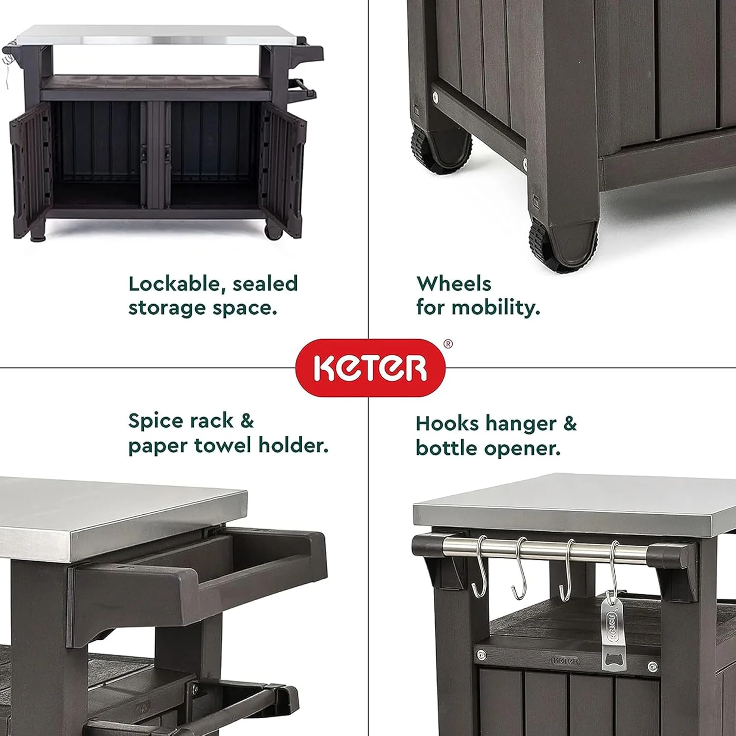 Keter Outdoor Rolling Table Cart voor voedselbereiding, opslag, bar en grill, donkerbruin