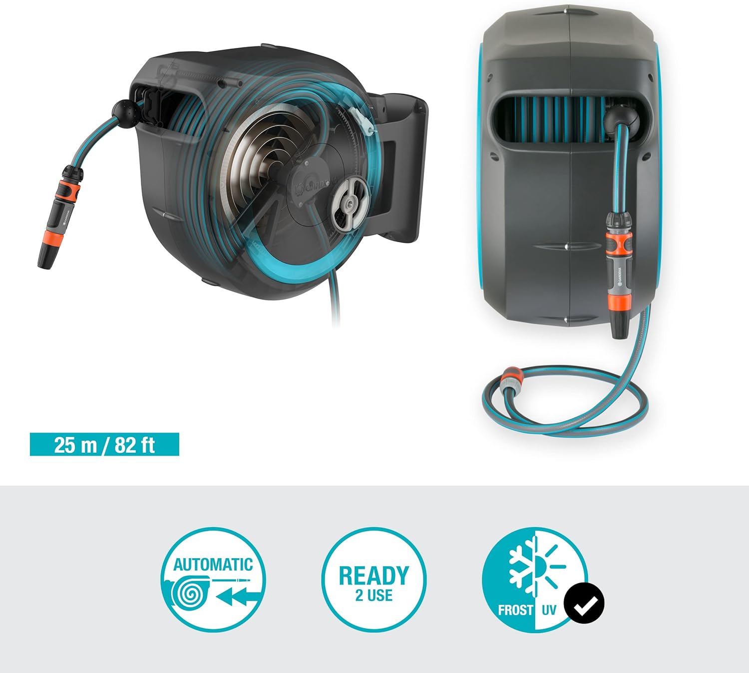 Gardena Wall-Mounted Hose Box RollUp M/L (White) 25 m: Flexible Watering for Medium to Large Gardens, Swivelling Hose Box, Includes 25 m Gardena Quality Hose and Mounting Tool (18622-20)