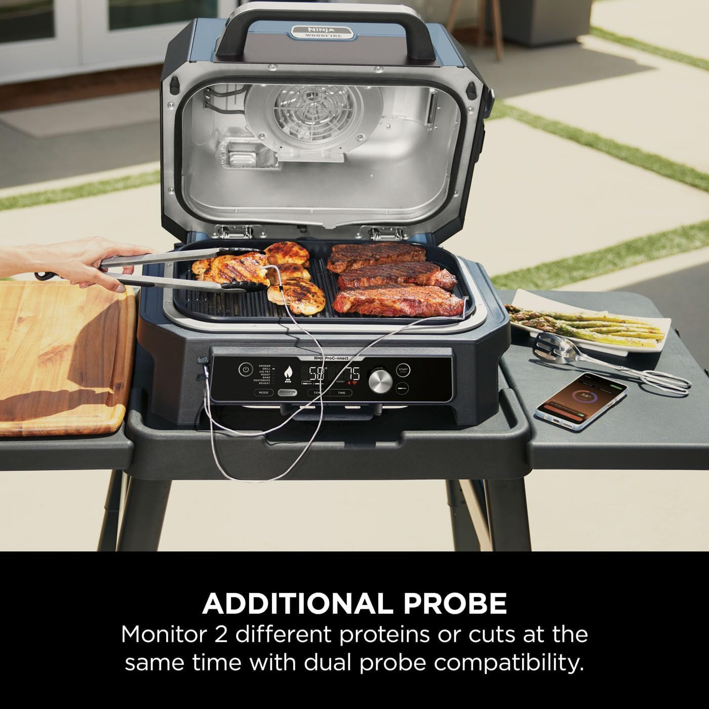Ninja Woodfire Pro Connect XL Electric BBQ Grill & Smoker with App Control, Digital Sensor, Large 7-in-1 Grill & Air Fryer with Wood Fire Pellets, Weatherproof, Black OG901EU