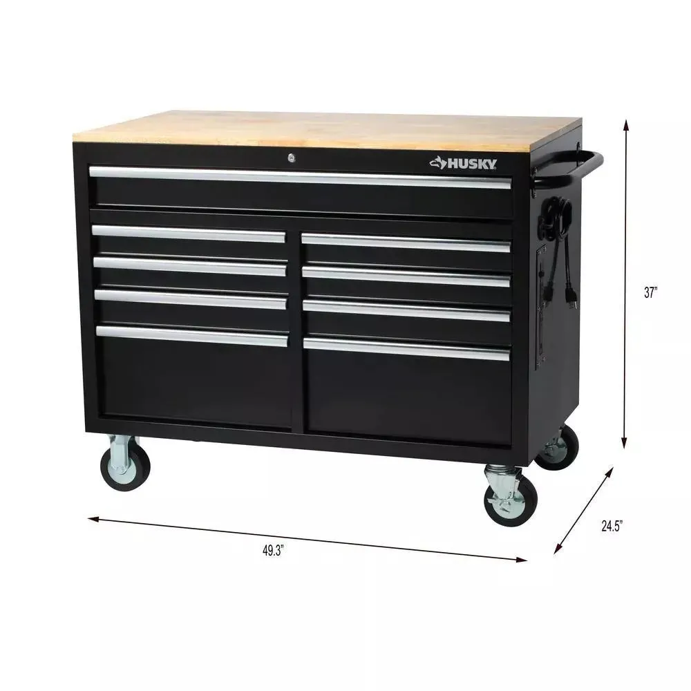46 inch B x 24 inch D 9-laden hoogglans zwarte diepe gereedschapskist mobiele werkbank