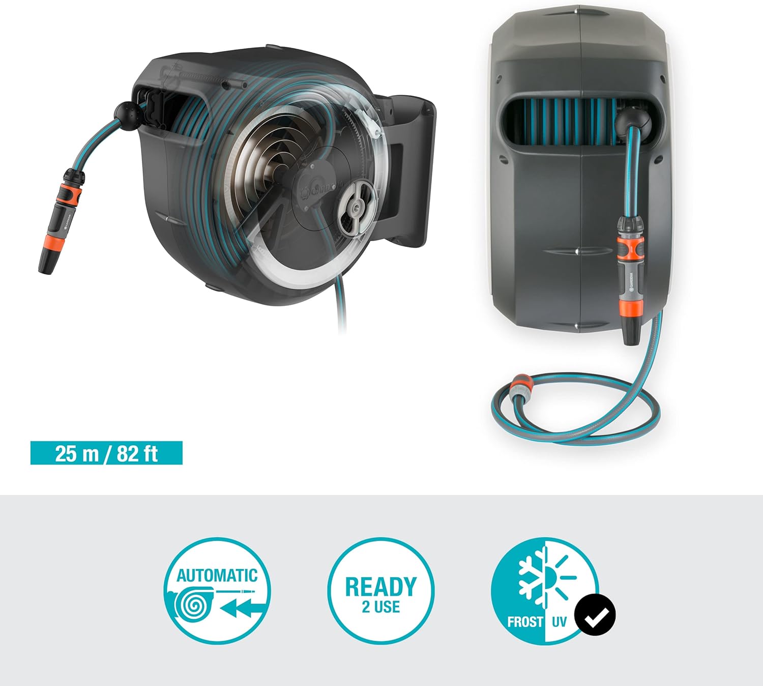 Gardena Wall-Mounted Hose Box RollUp M/L (White) 25 m: Flexible Watering for Medium to Large Gardens, Swivelling Hose Box, Includes 25 m Gardena Quality Hose and Mounting Tool (18622-20)