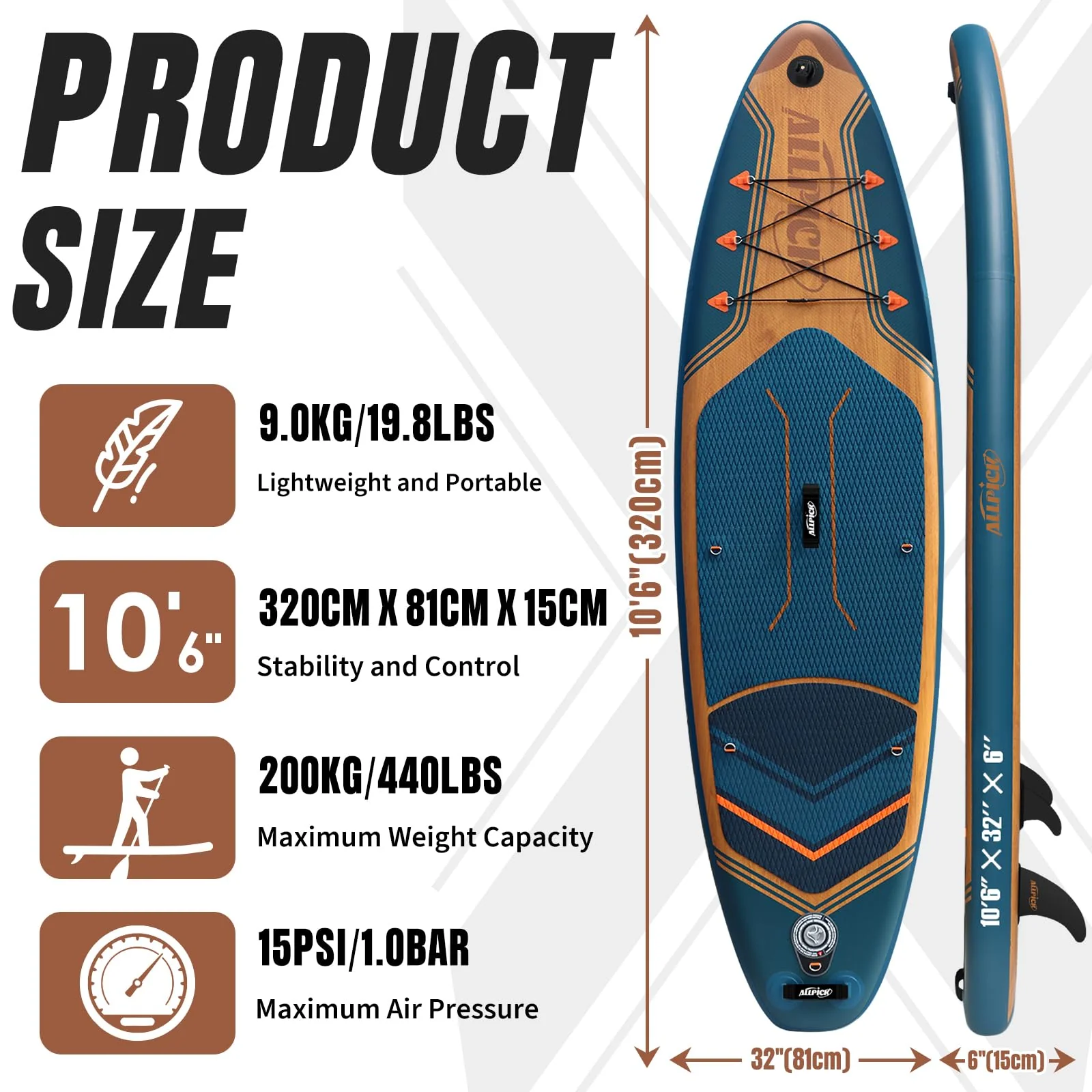 2025 Premium Set ALLPICK SUP Paddleboard, Opblaasbare Paddle Surfplank, met Universele Camerahouder, Complete Accessoires, Verstelbare Peddel, Beginners en Gevorderden, 172 kg, Marineblauw