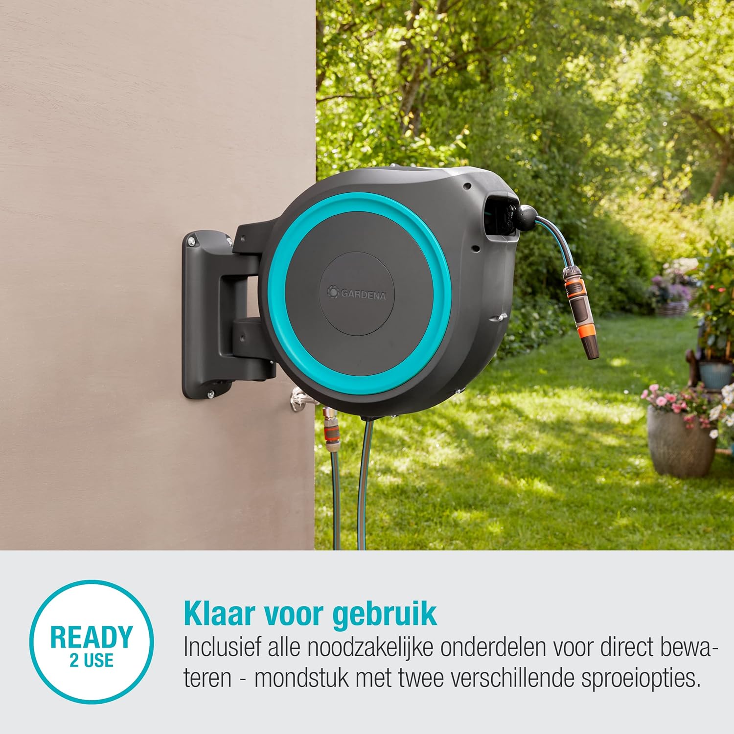 Gardena Wall-Mounted Hose Box RollUp M/L (White) 25 m: Flexible Watering for Medium to Large Gardens, Swivelling Hose Box, Includes 25 m Gardena Quality Hose and Mounting Tool (18622-20)