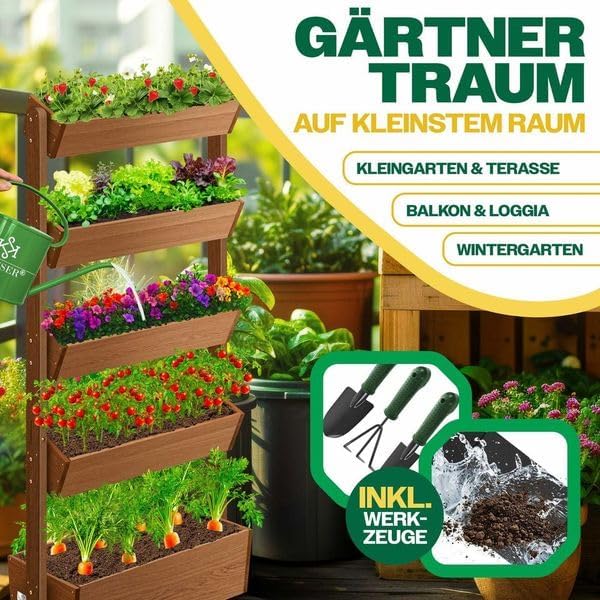 KESSER  Plant Staircase Herbs Flowers in Stair Shape Herb Garden Flower Boxes Including Root Cloth Bed for Plants for Patio, Balcony and Garden (5 Shelves, Brown)