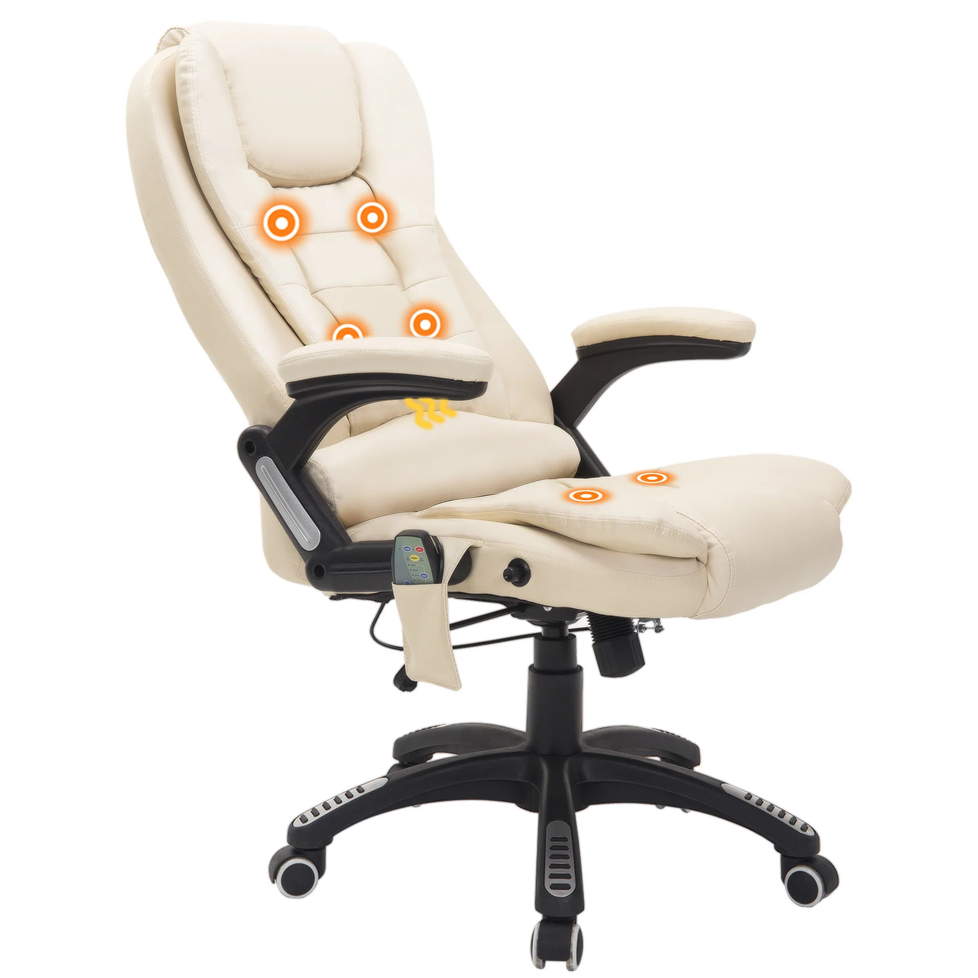 Executive bureaustoel met massage en verwarming, hoge rug PU-lederen bureaustoel, beige
