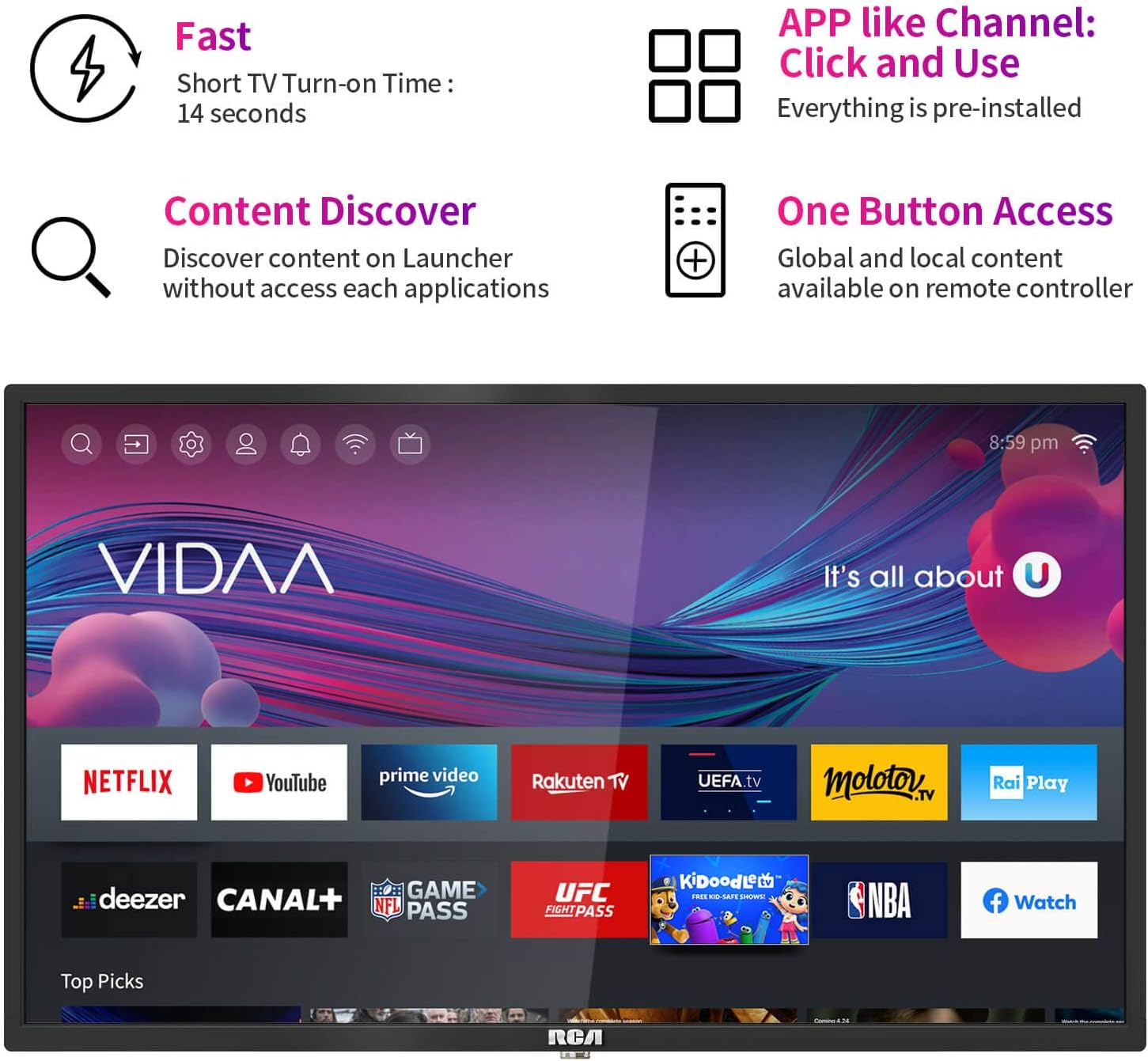 RCA RS32H2 Android Smart TV 32 inch (80 cm) Televisie met Google Assistant, Chromecast, Netflix, Prime Video, Google Play, YouTube, Disney+, WiFi, BT-afstandsbediening met microfoon, DVB-S/S2/T/T2/C