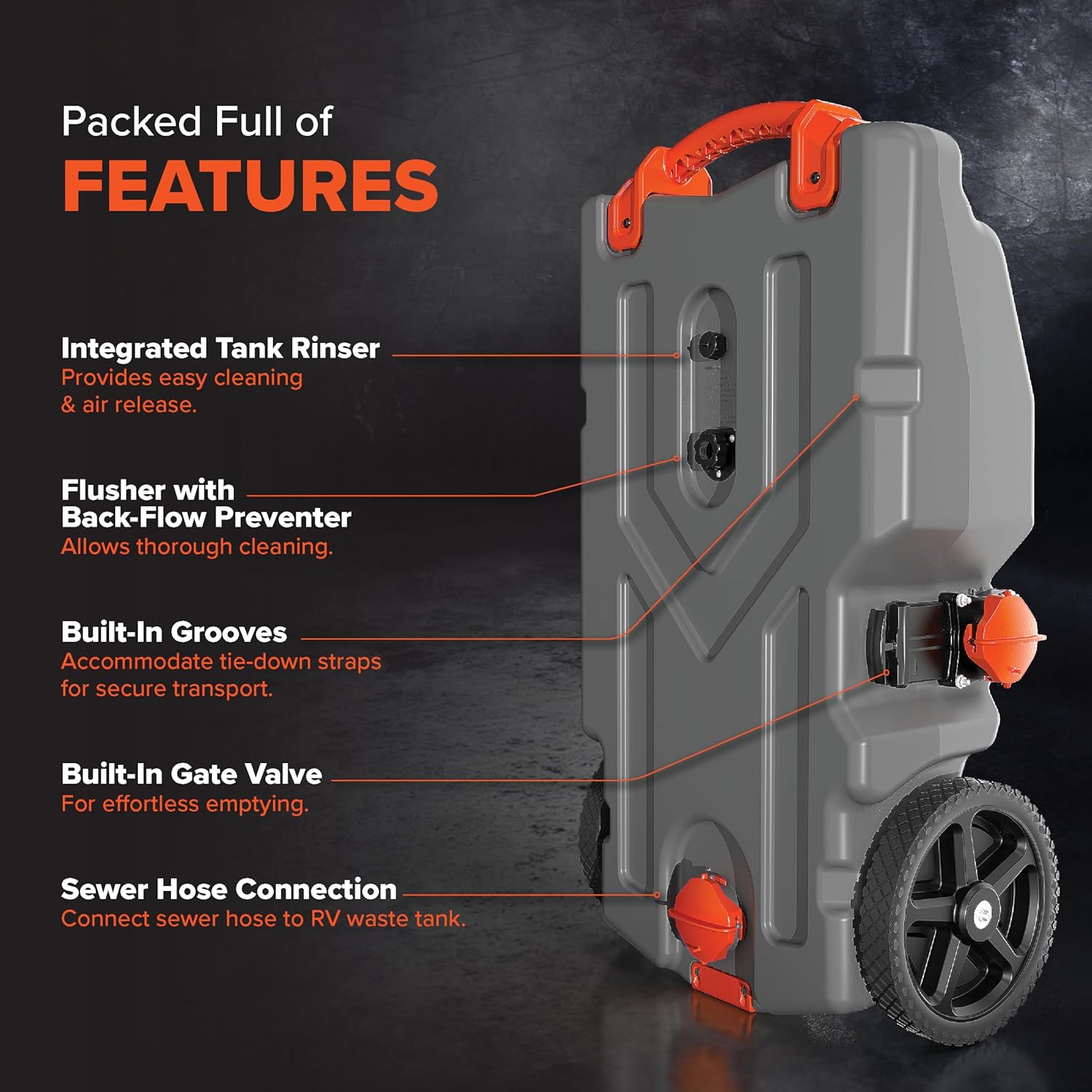 Draagbare camper-/campertank van 36 gallon - Met grote, robuuste wielen die lekvrij zijn en een ingebouwde afsluiter - Verwijderbare stalen trekadapter, 3-delige camper-rioolslang en meer camperaccessoires (39006)