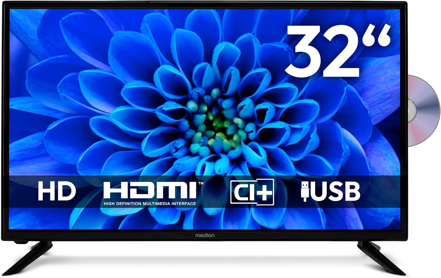 MEDION 80 cm (32 inch) HD TV (built-in DVD player, Triple Tuner DVB-T2 DVB-C DVB-S2, 2 x HDMI, USB, headphone jack, AV in, Media player, CI+), MD 832001