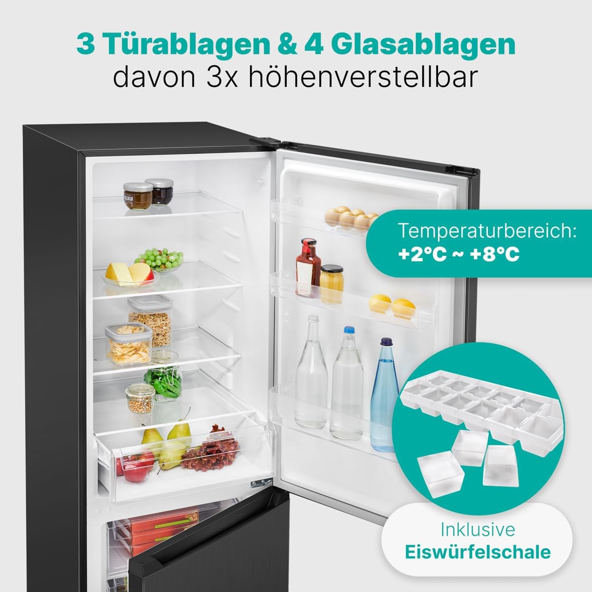 Bomann  Fridge-freezer, 269 l capacity - cooling: 198 L | freezing: 71 l, energy saving, quiet 39 dB, LED, interchangeable door stop, height: 180 x width: 55 x depth: 56 cm - KG 184.1 inox