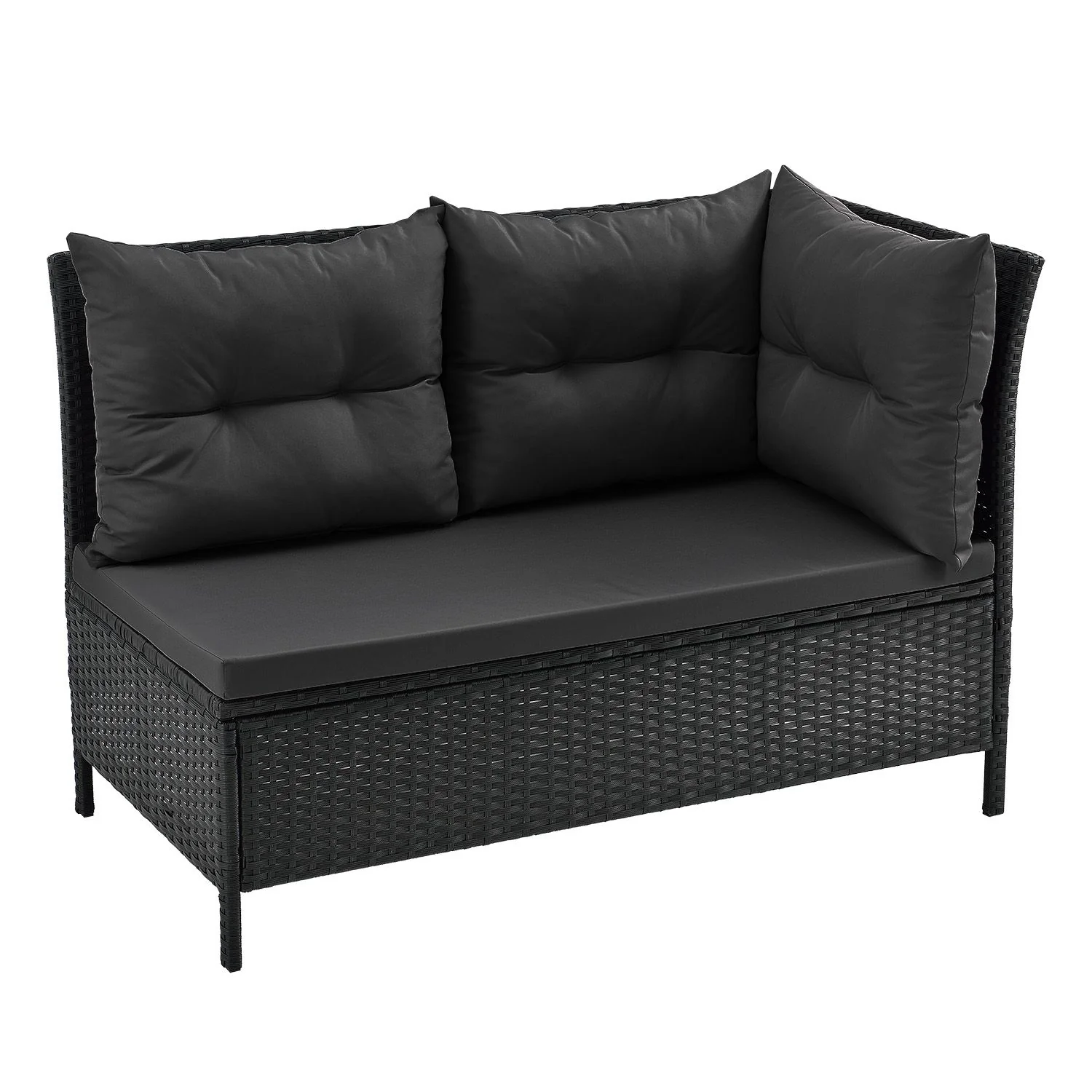 2025 Stijlvolle zwarte Polyrattan lounge Manacor met tafel, 2 krukken en donkergrijze hoezen