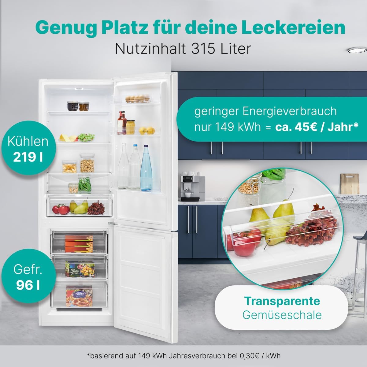 Bomann  Fridge-freezer, 269 l capacity - cooling: 198 L | freezing: 71 l, energy saving, quiet 39 dB, LED, interchangeable door stop, height: 180 x width: 55 x depth: 56 cm - KG 184.1 inox