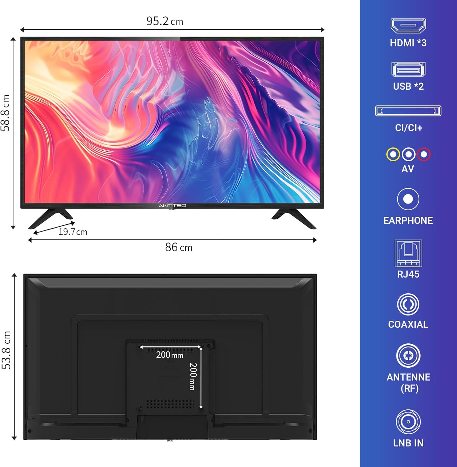 ANTTEQ AB42D1 TV 42 Inch (TV 106 cm), Dolby Audio, LED, HDMI, Media Player via USB, Digital Audio Output, Triple Tuner DVB-C/T2/S2, CI+, Hotel Mode Included