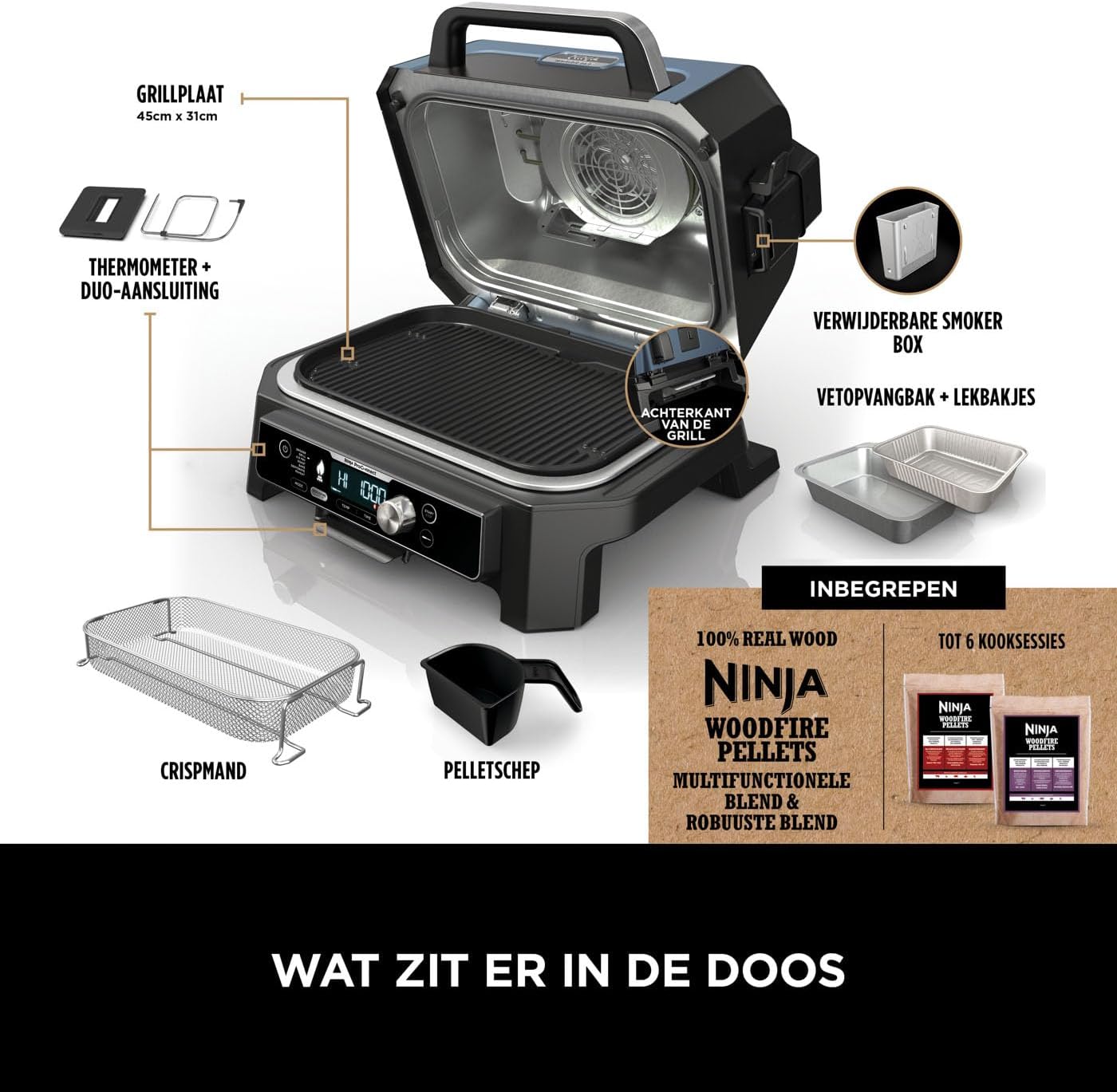 Ninja Woodfire Pro Connect XL Electric BBQ Grill & Smoker with App Control, Digital Sensor, Large 7-in-1 Grill & Air Fryer with Wood Fire Pellets, Weatherproof, Black OG901EU