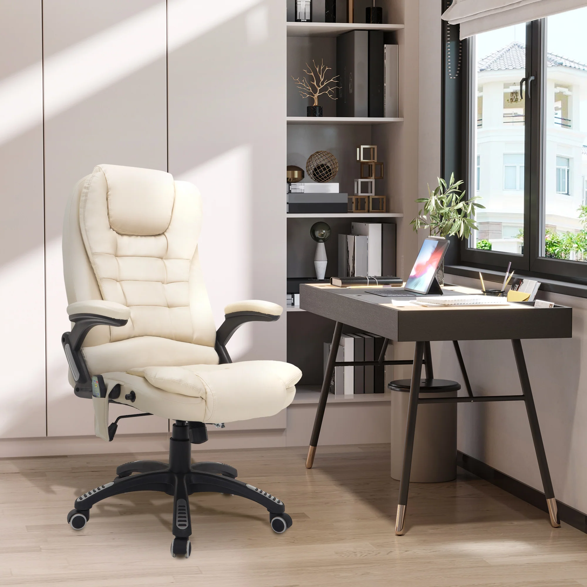 Executive bureaustoel met massage en verwarming, hoge rug PU-lederen bureaustoel, beige