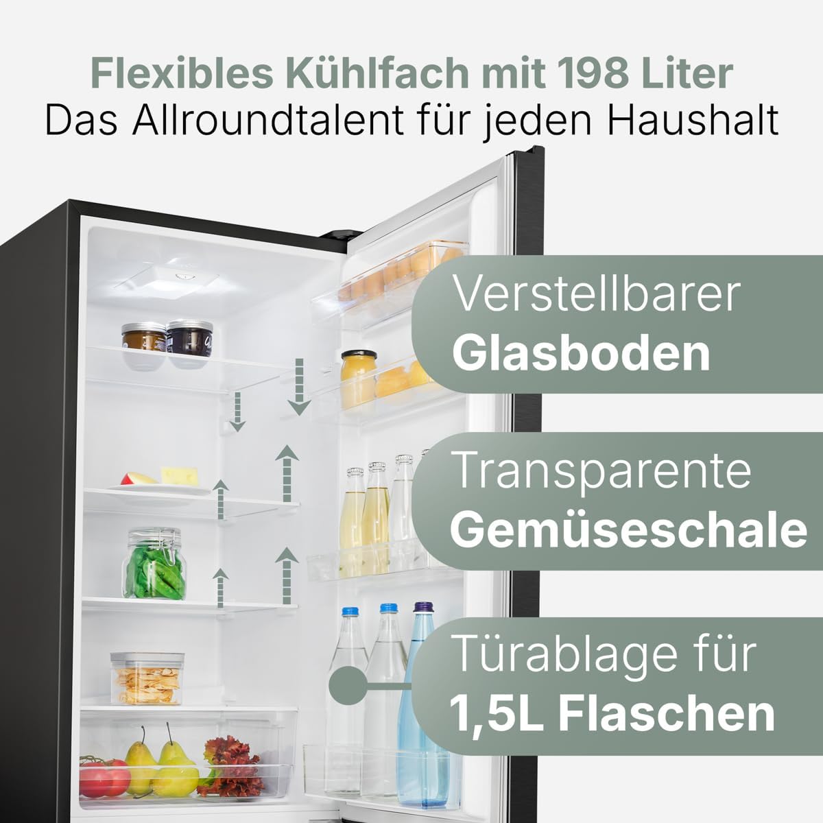 Bomann  Fridge-freezer, 269 l capacity - cooling: 198 L | freezing: 71 l, energy saving, quiet 39 dB, LED, interchangeable door stop, height: 180 x width: 55 x depth: 56 cm - KG 184.1 inox