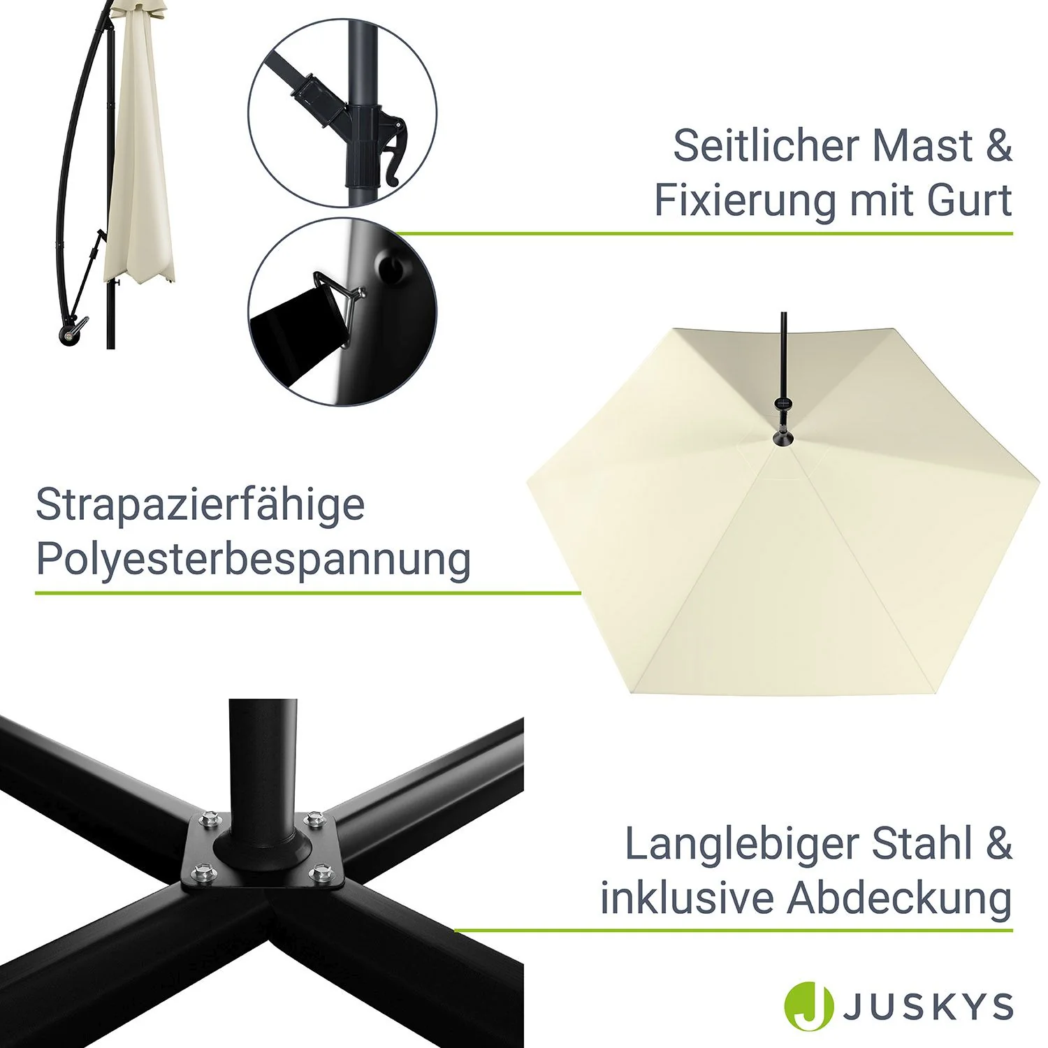 2025 Hangparasol Brazil 3,5 m grijs-cr��me met standaard en handkurbel �C zonbescherming met LED-verlichting