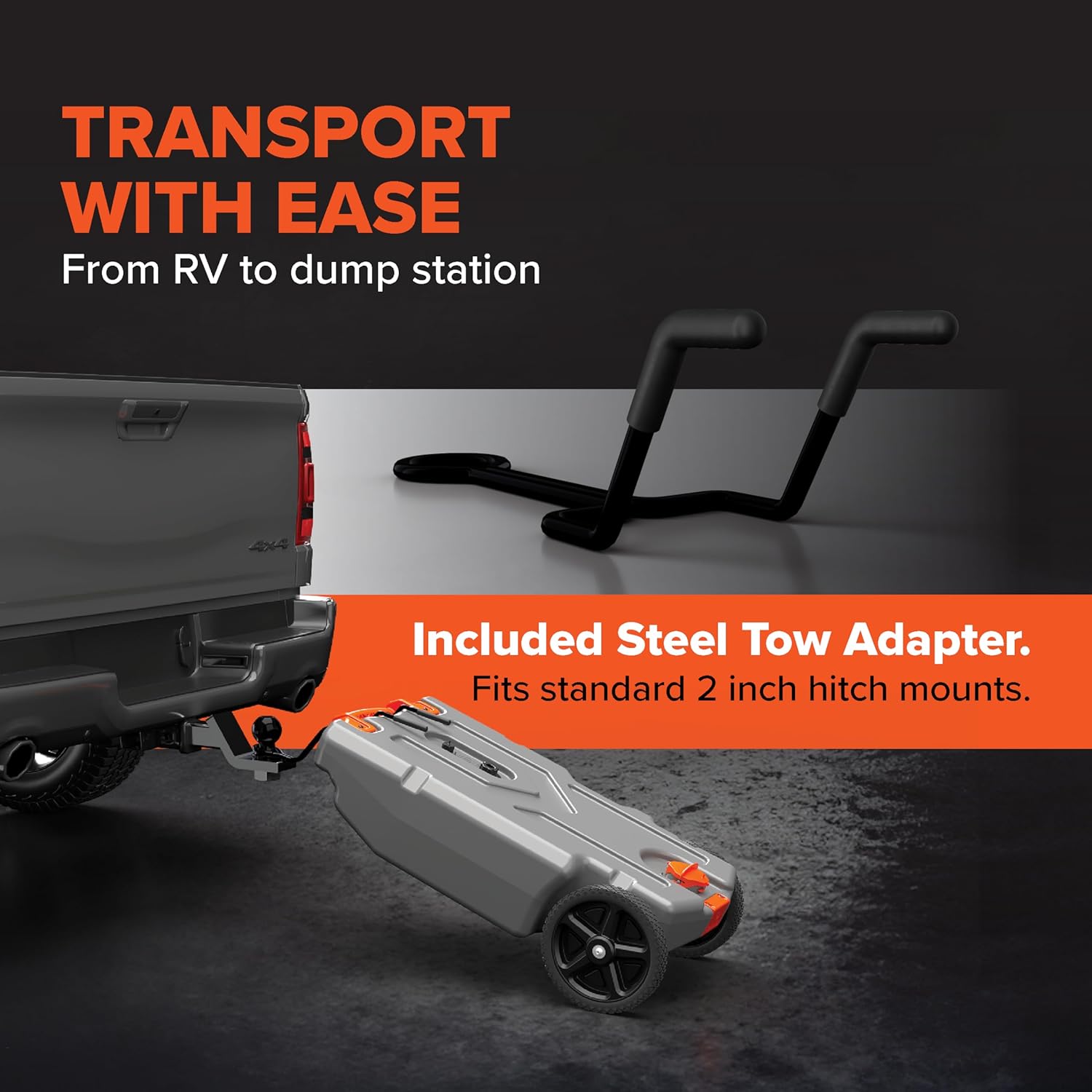 Draagbare camper-/campertank van 36 gallon - Met grote, robuuste wielen die lekvrij zijn en een ingebouwde afsluiter - Verwijderbare stalen trekadapter, 3-delige camper-rioolslang en meer camperaccessoires (39006)