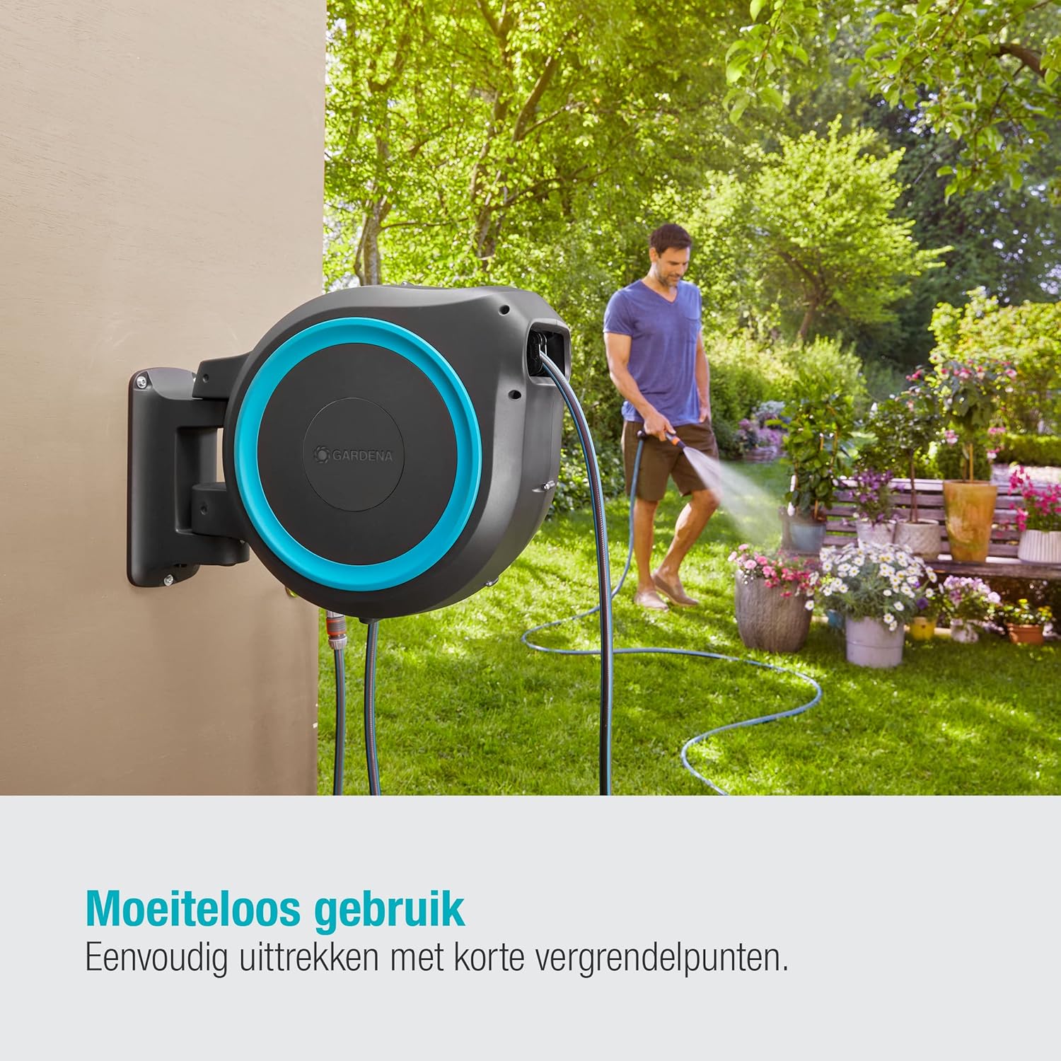 Gardena Wall-Mounted Hose Box RollUp M/L (White) 25 m: Flexible Watering for Medium to Large Gardens, Swivelling Hose Box, Includes 25 m Gardena Quality Hose and Mounting Tool (18622-20)