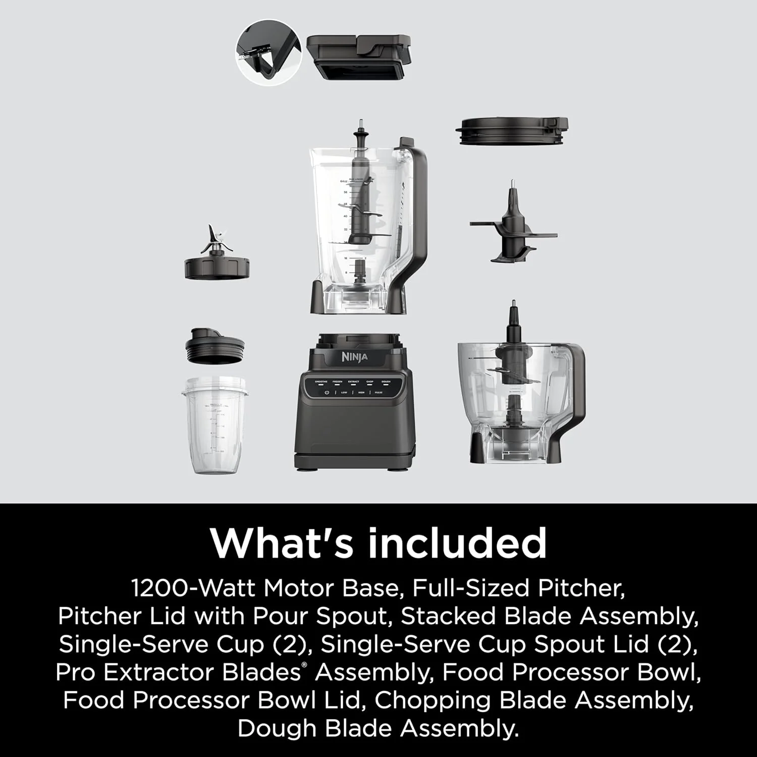Ninja Blender, Mega Kitchen System, 1500W, 4 Functions for Smoothies, Processing, Dough, Drinks & More, with 72 Blender Pitcher, 64 Processor Bowl, 2 Nutri Cups + Lids, Black, BL770
