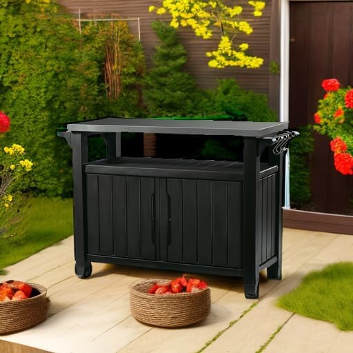 Keter Outdoor Rolling Table Cart voor voedselbereiding, opslag, bar en grill, donkerbruin
