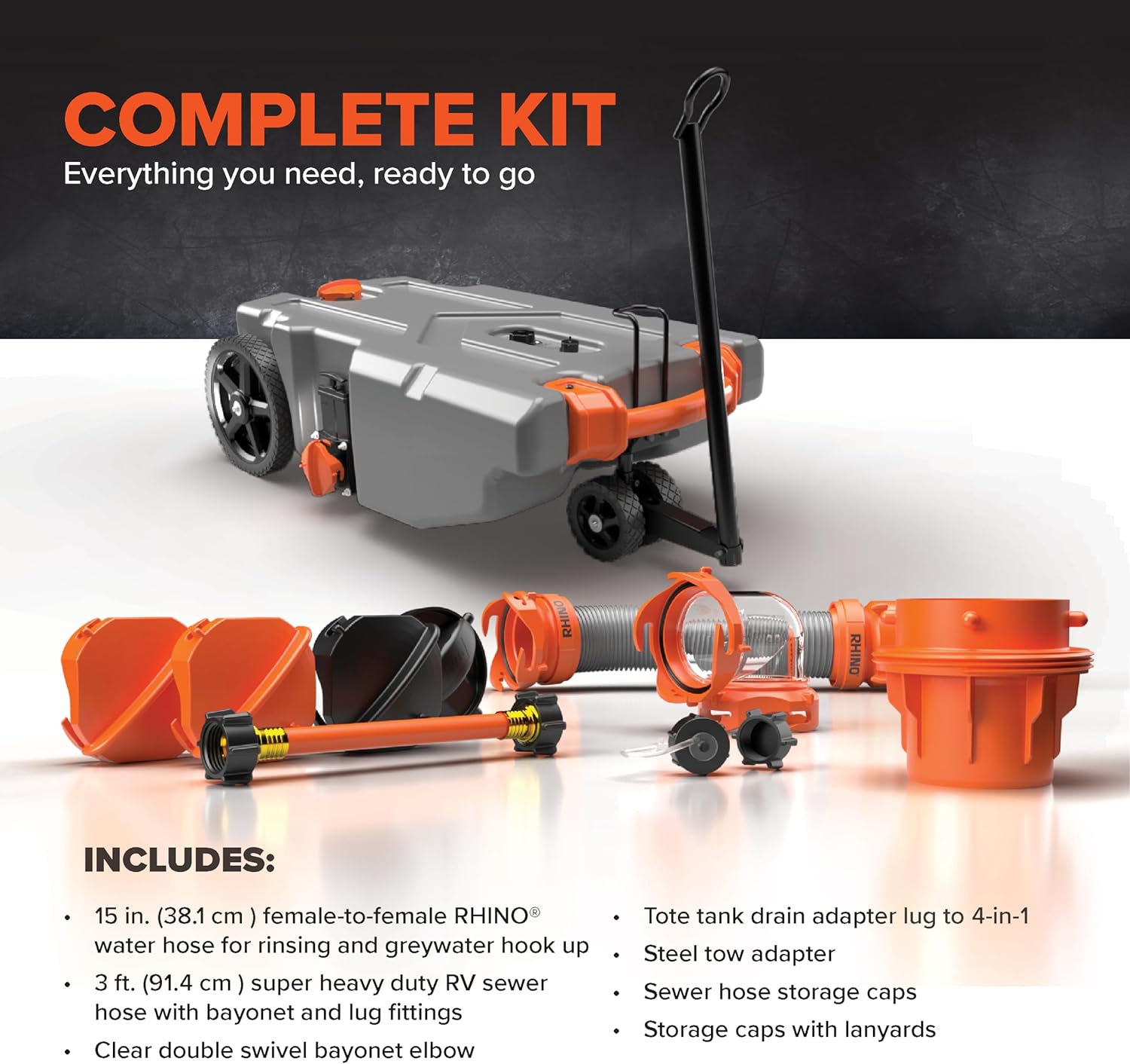 Draagbare camper-/campertank van 36 gallon - Met grote, robuuste wielen die lekvrij zijn en een ingebouwde afsluiter - Verwijderbare stalen trekadapter, 3-delige camper-rioolslang en meer camperaccessoires (39006)