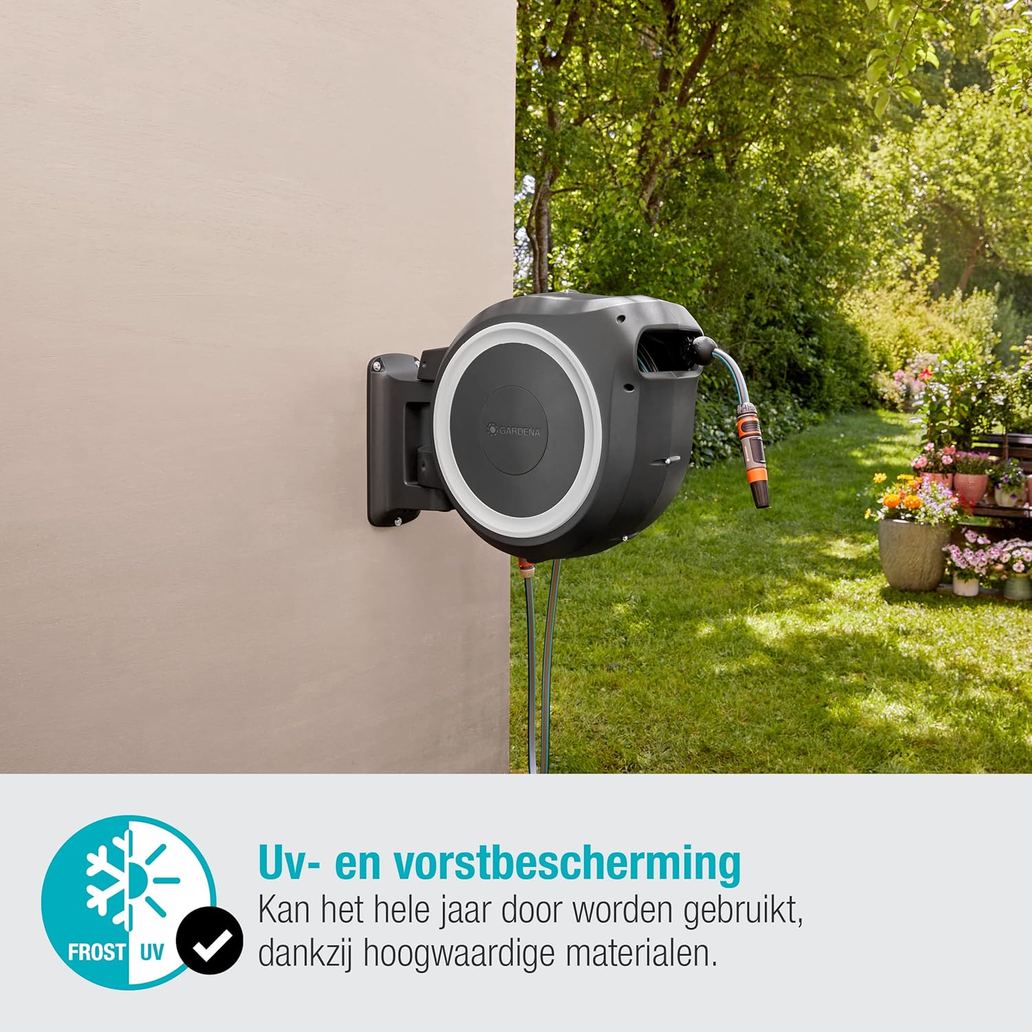 Gardena Wall-Mounted Hose Box RollUp M/L (White) 25 m: Flexible Watering for Medium to Large Gardens, Swivelling Hose Box, Includes 25 m Gardena Quality Hose and Mounting Tool (18622-20)