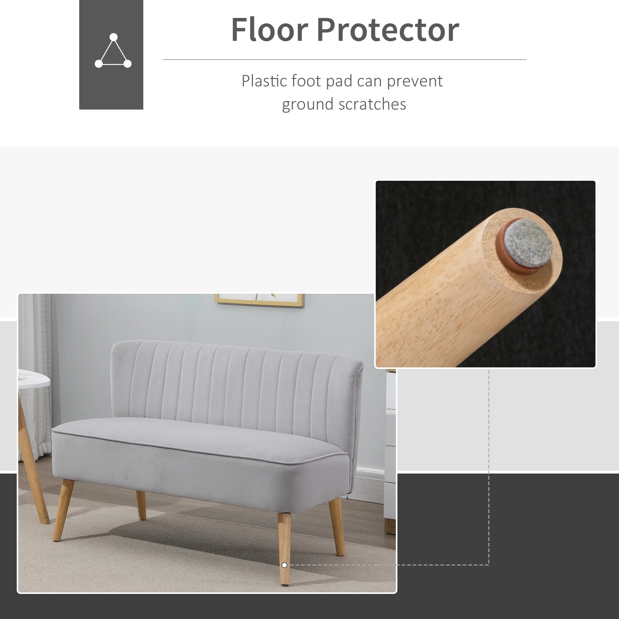 Modern linnen tweezitsbankje, compact bankje met vulling en houten poten, grijs