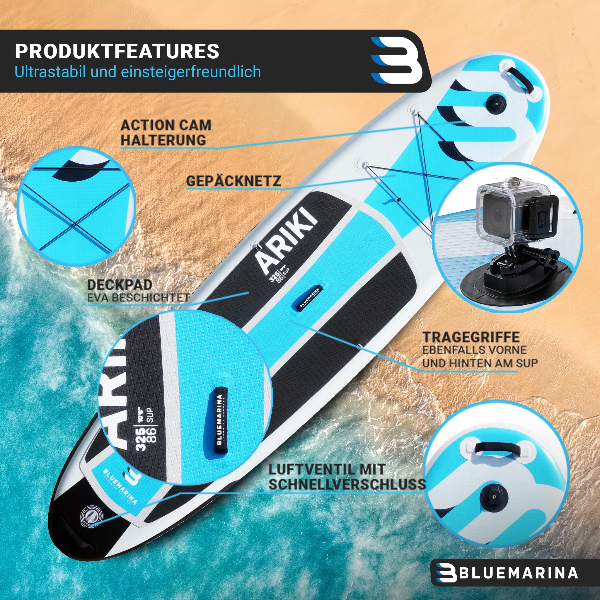 2025 Bluemarina Ariki Opblaasbare SUP Paddleboard | 5 JAAR GARANTIE �C Draagvermogen 140 kg �C Paddle Set �C SUP Board �C Surfboard (Ariki 325x86x15 cm)