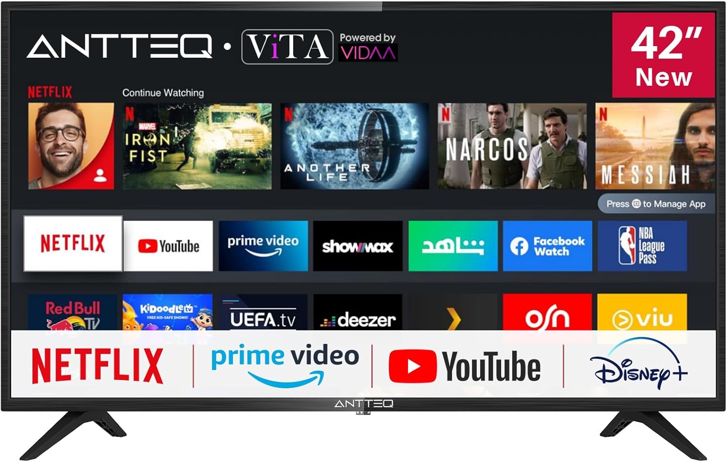 ANTTEQ AB42D1 TV 42 Inch (TV 106 cm), Dolby Audio, LED, HDMI, Media Player via USB, Digital Audio Output, Triple Tuner DVB-C/T2/S2, CI+, Hotel Mode Included