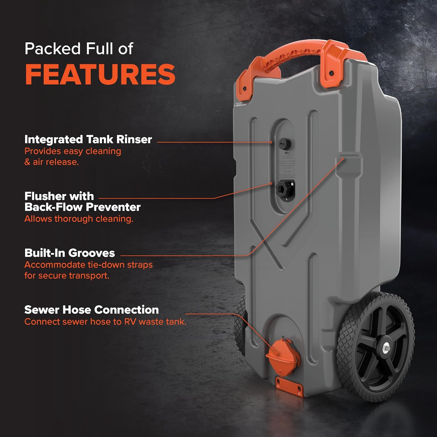 Draagbare camper-/campertank van 36 gallon - Met grote, robuuste wielen die lekvrij zijn en een ingebouwde afsluiter - Verwijderbare stalen trekadapter, 3-delige camper-rioolslang en meer camperaccessoires (39006)