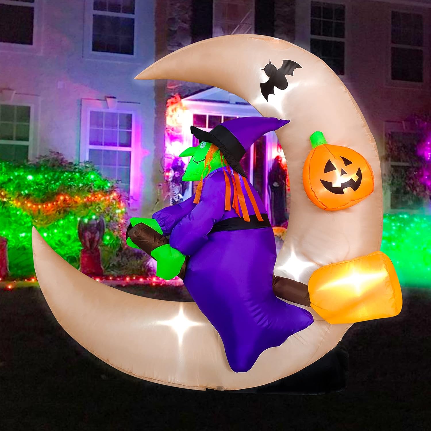 BESTPARTY 4ft Long Halloween Inflatable Witch Sitting on Moon Decoration, LED Blow Up Illuminated Decor Indoor Outdoor Holiday Art Decor Decorations