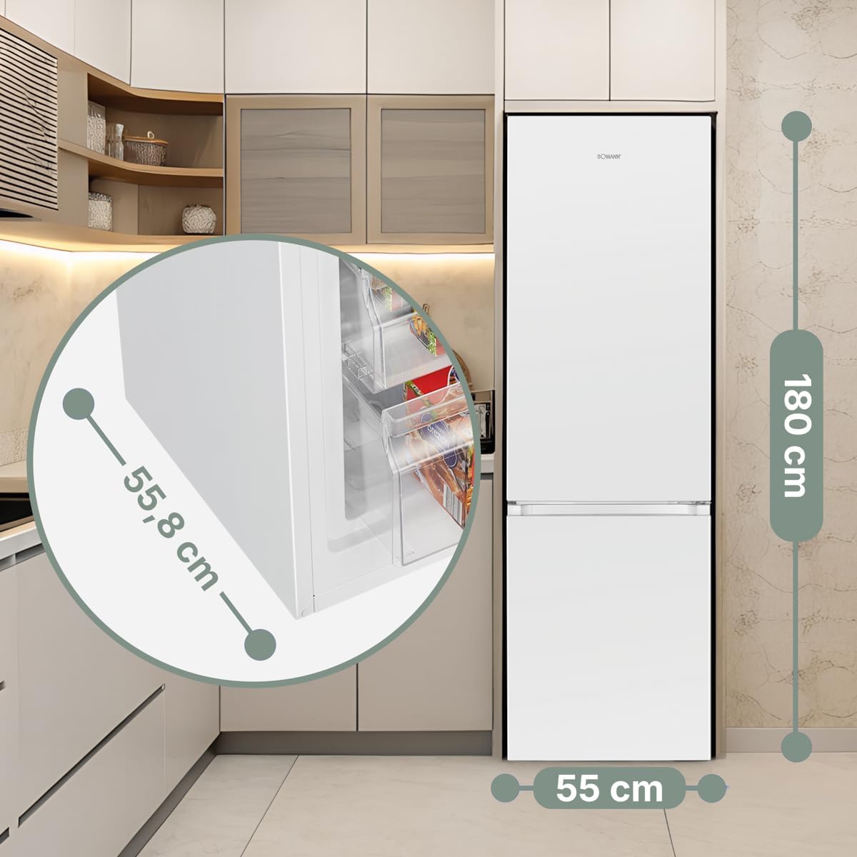 Bomann  Fridge-freezer, 269 l capacity - cooling: 198 L | freezing: 71 l, energy saving, quiet 39 dB, LED, interchangeable door stop, height: 180 x width: 55 x depth: 56 cm - KG 184.1 inox