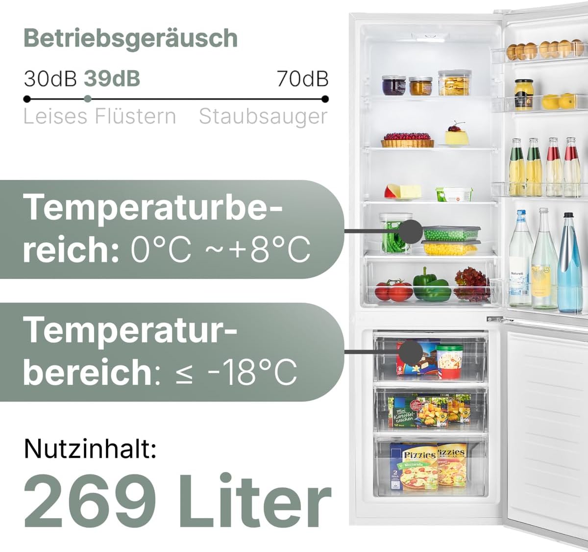Bomann  Fridge-freezer, 269 l capacity - cooling: 198 L | freezing: 71 l, energy saving, quiet 39 dB, LED, interchangeable door stop, height: 180 x width: 55 x depth: 56 cm - KG 184.1 inox