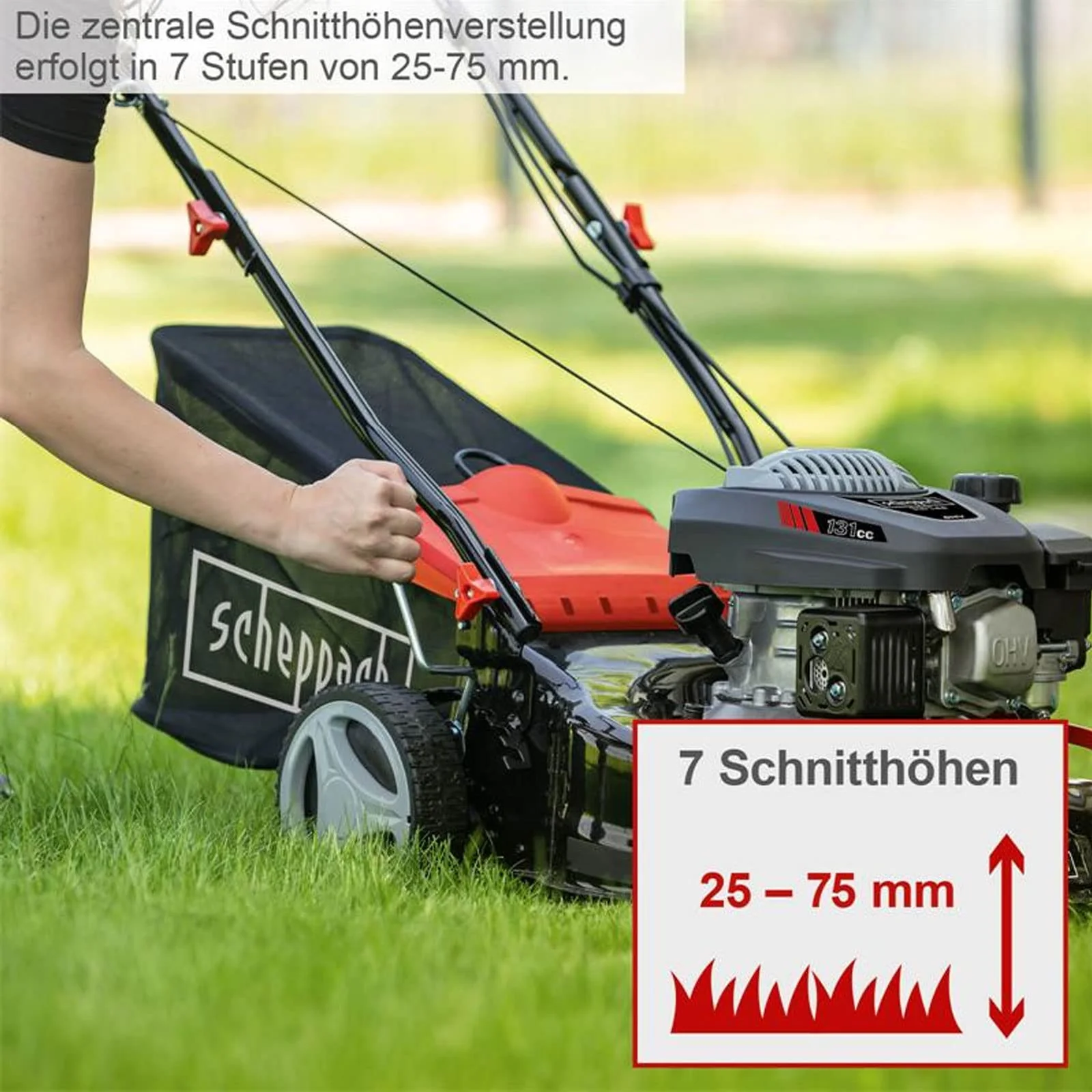2025 Scheppach Grasmaaier RM420 | 3in1 - 3,4 PK | Snijbreedte 420 mm | 45L Grasopvangbak | Maaihoogte Verstelling 25-75 mm | Inclusief Motorolie & Reserve Mes